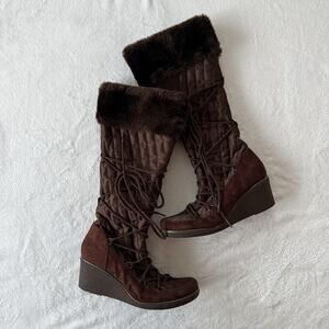 Apt. 9 Boots Womens 8.5 Brown Mischief Wedge Knee High Faux Fur Snow Lace Up